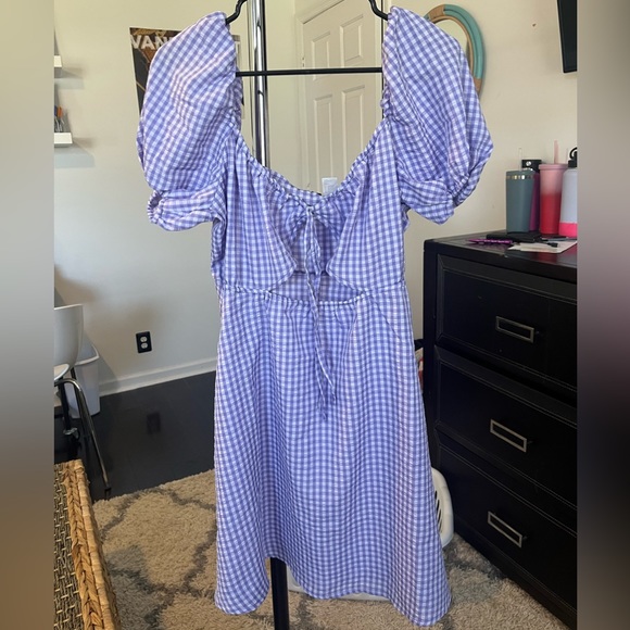 h&m purple gingham dress H&M Devided Womens Medium Purple Gingham Puff Sleeve Mini Dress W/ Button Front